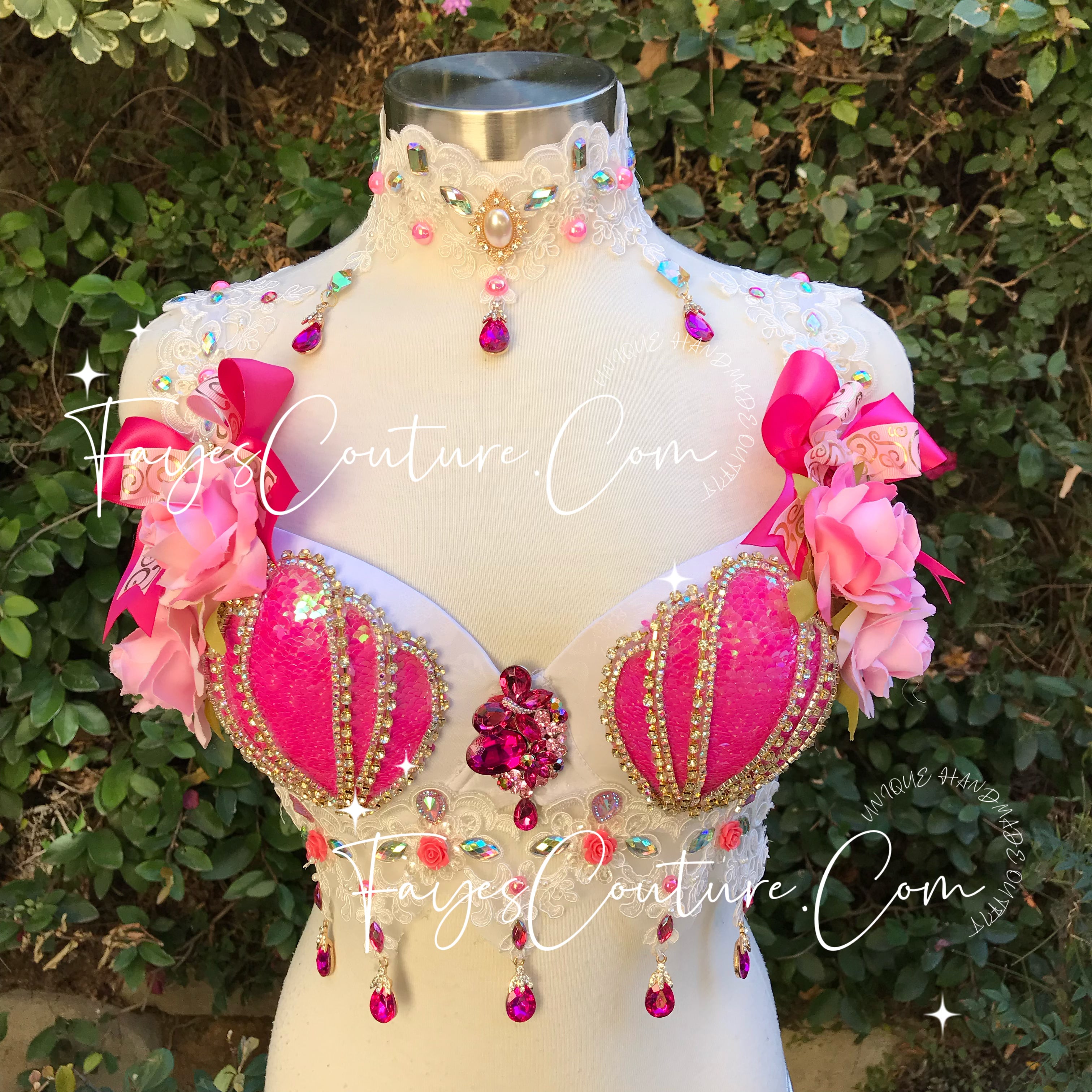 Pink and Flower Mermaid Bra, Rave wear, EDC, Music festival, Cosplay, –  Fayes Couture