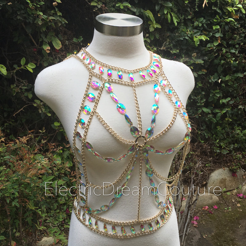 Body Chain, Body Jewelry, Chain Top, rhinestone Top, Ravewear, festival wear,