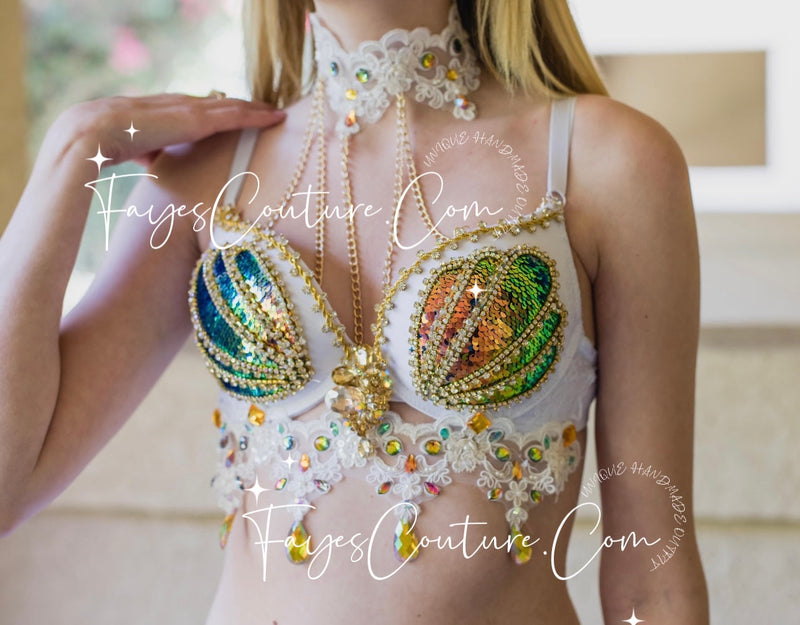 Mermaid outfit set in white and gold, rave wear, EDC, Music festival wear, Halloween costumes, Cosplay