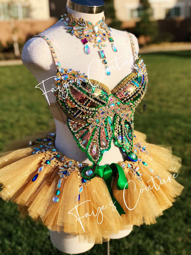 Gold Sequin Butterfly inspired Outfit Set, Rave wear, EDC, Music