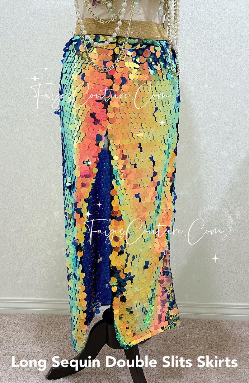 Double slits Mermaid Skirt, Iridescent Skirt, Unicorn Skirt, hologram Skirt, Sequin Skirt, festival clothing, Halloween, costume, EDC, rave wear,
