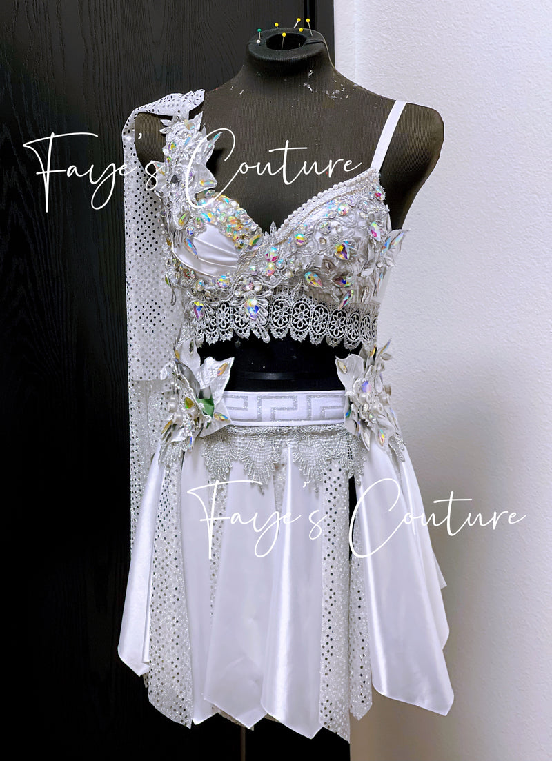 white rave dress Greek Goddess in white inspired outfit set, Rave wear, EDC, Music fest – Fayes Couture