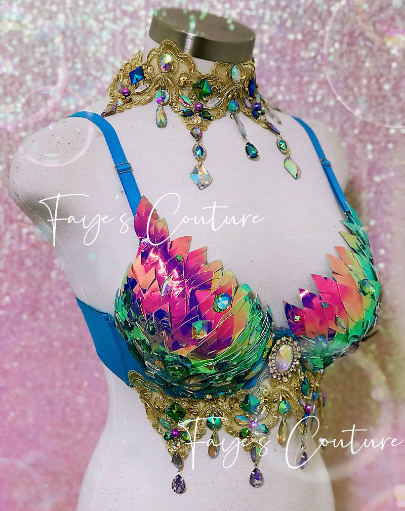 Iridescent Violet Unicorn  Bra with Choker, Rave wear, EDC, Music festival, Cosplay, Halloween costumes