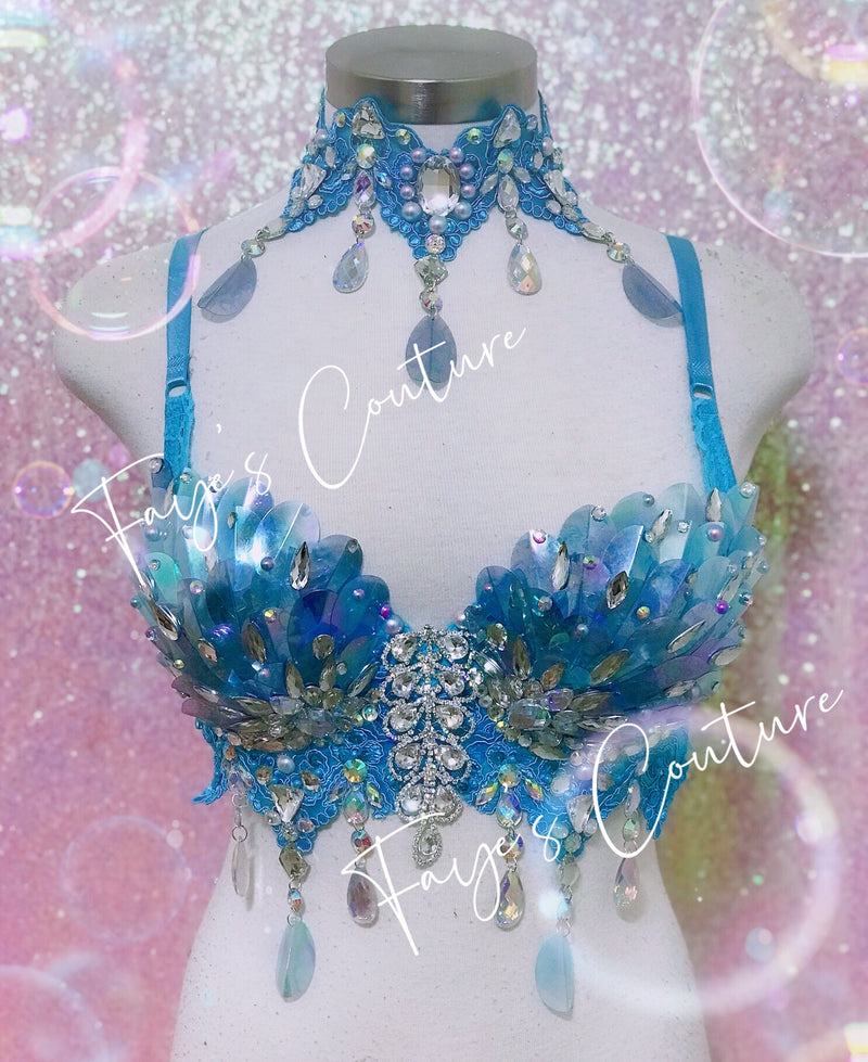 Iridescent Blue Unicorn inspired Bra with Choker, Rave wear, EDC