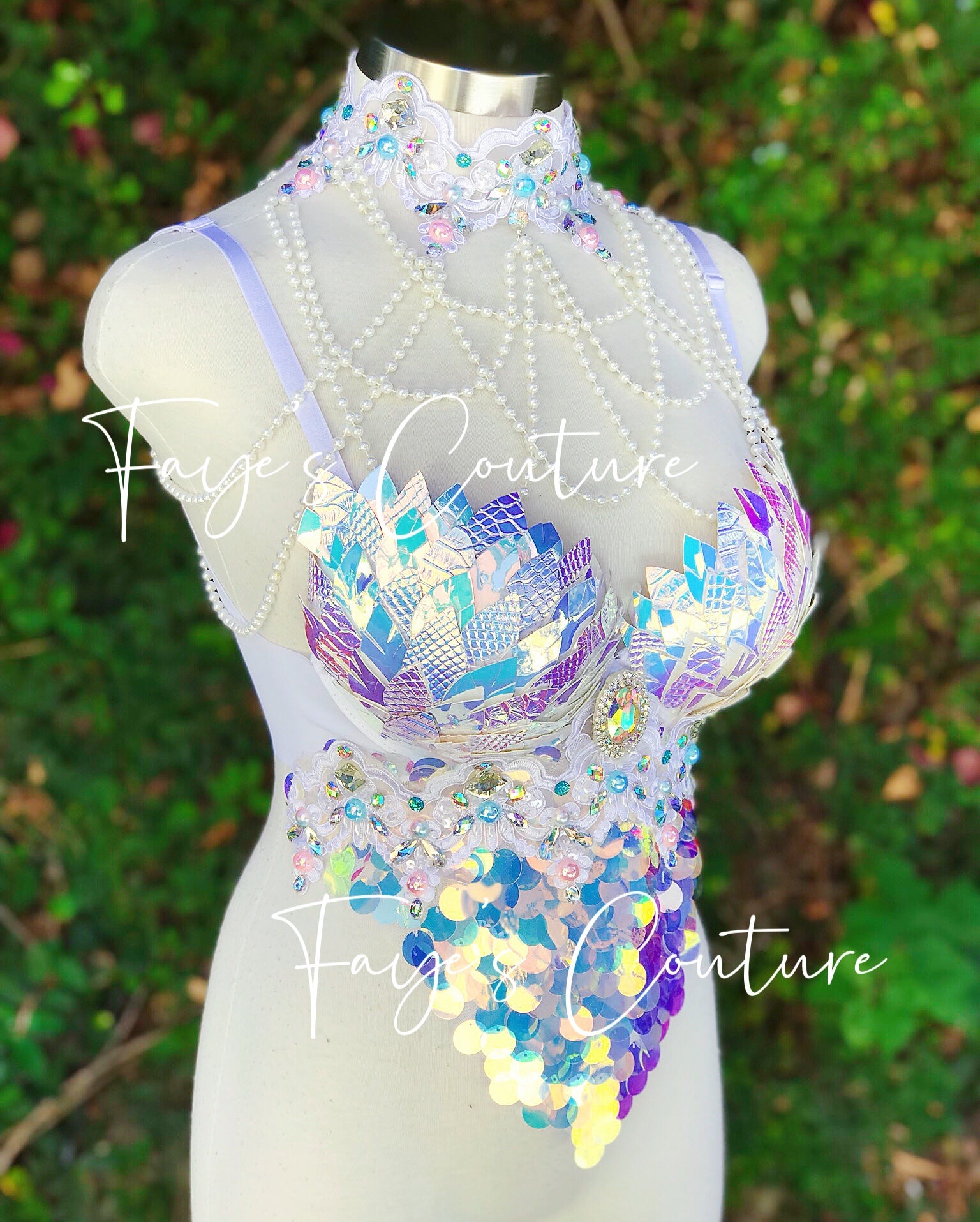Iridescent White Unicorn Bra with Choker and Pearl Strings, Rave